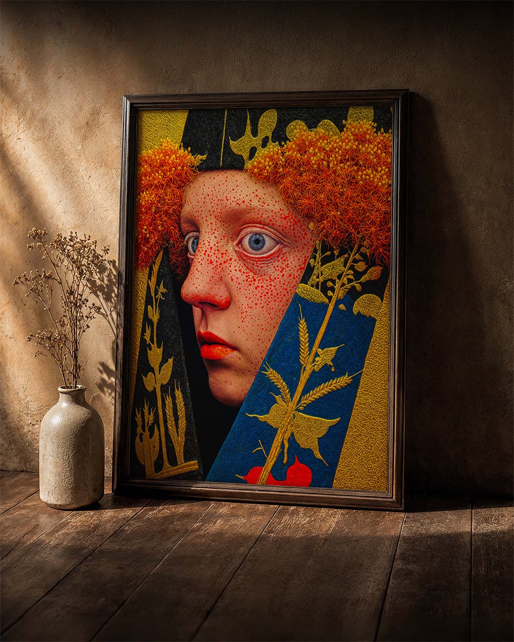 Second Sight displayed as a framed poster in a moody interior with a vase.