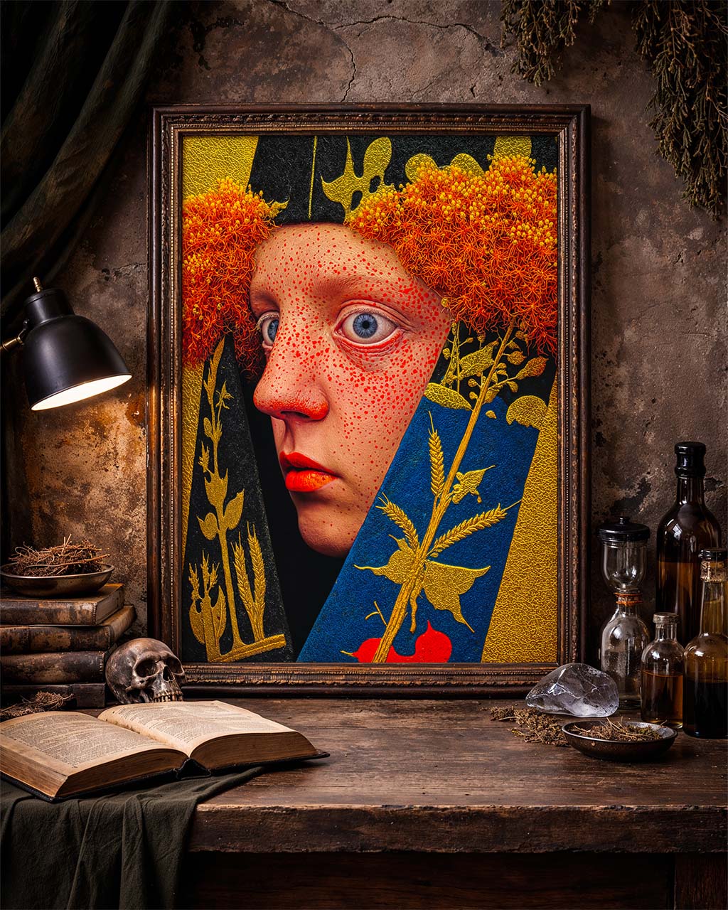 Second Sight displayed as a framed poster in a moody study with books, skull and apothecary bottles.