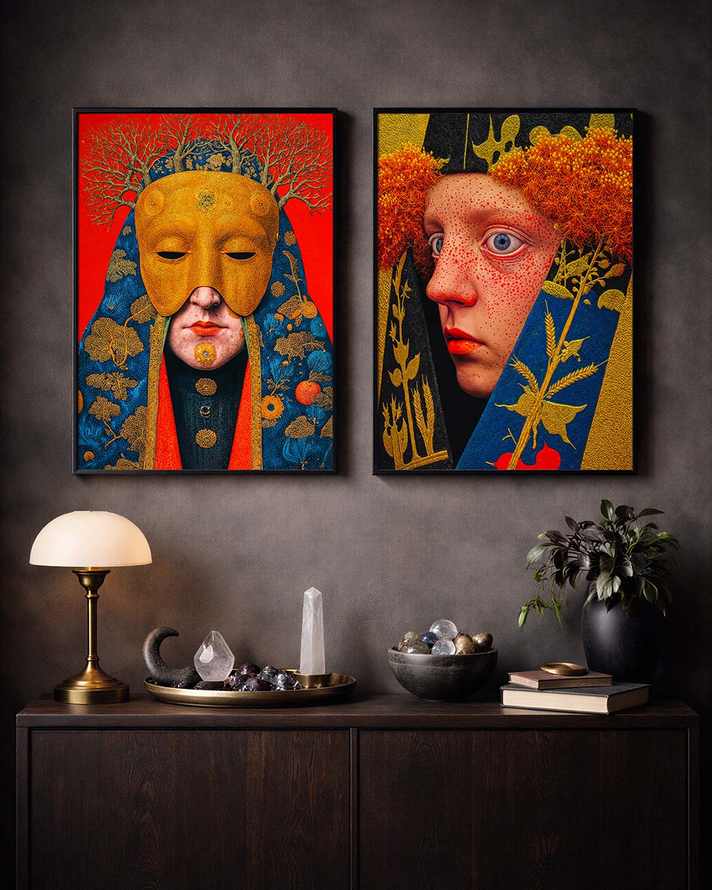 Second Sight poster paired with The Gilded Keeper in a modern interior with dark furnishings.