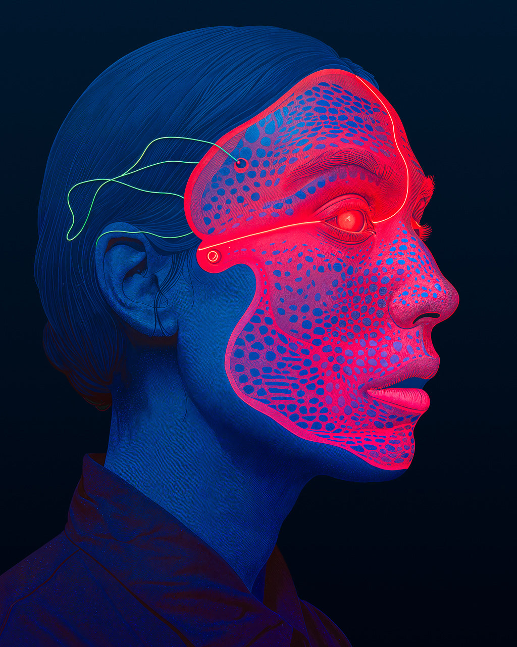 Surreal side profile portrait of a person wearing a glowing digital mask, in blue and red neon colours.