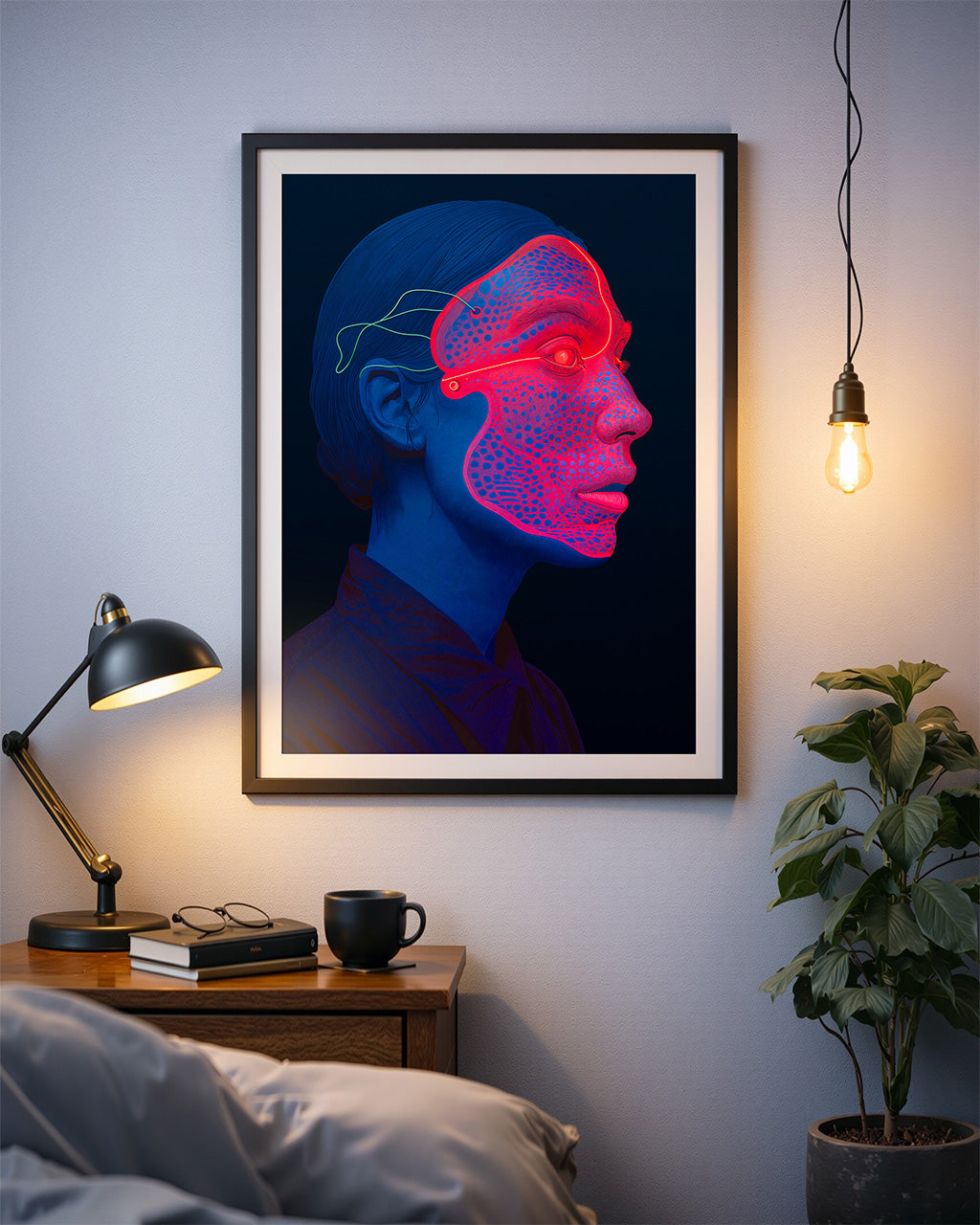 Framed artwork of a stylized face with red and blue lighting on a wall above a bedside table.