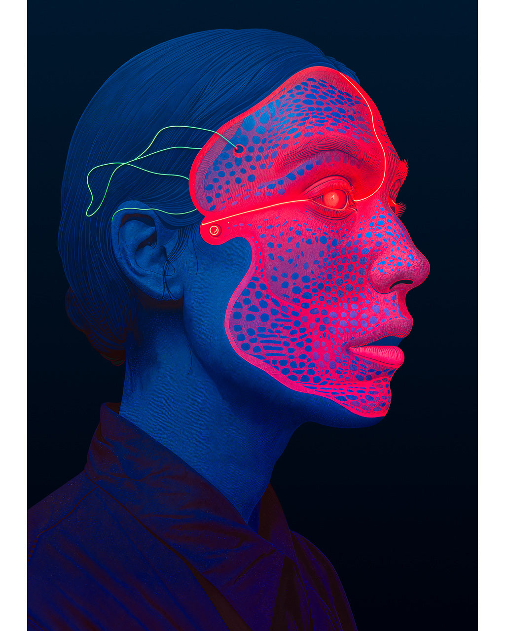 Surreal side profile portrait of a person wearing a glowing digital mask, in blue and red neon colours.
