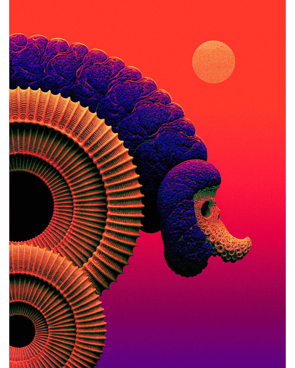 Surreal sci-fi art poster of an alien seed probe with spiralling biomechanical forms against a red-orange sky.