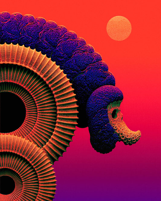 Surreal sci-fi art poster of an alien seed probe with spiralling biomechanical forms against a red-orange sky.