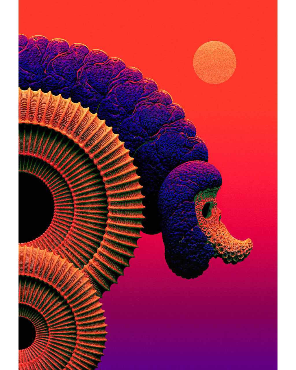 Surreal sci-fi art poster of an alien seed probe with spiralling biomechanical forms against a red-orange sky.