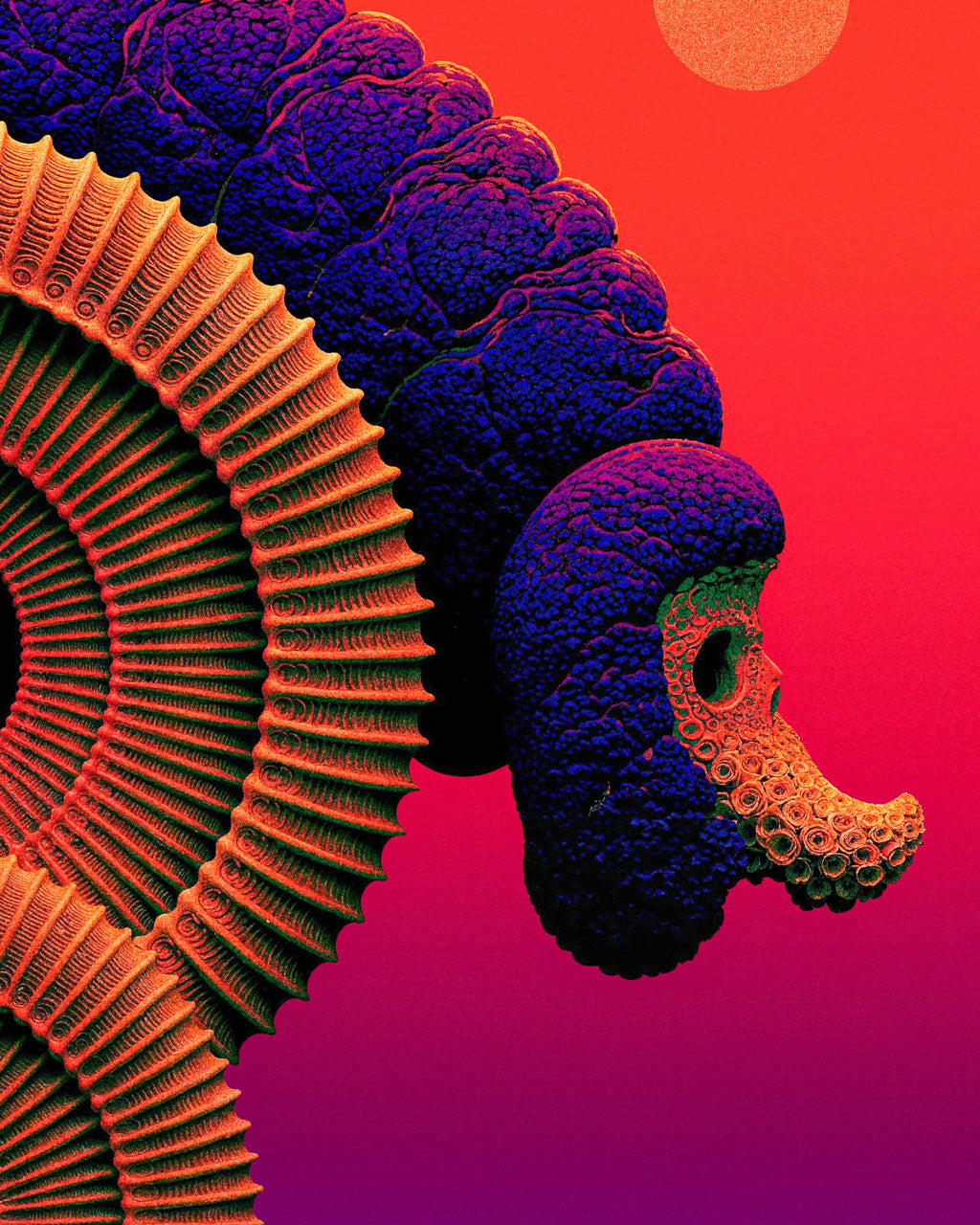 Close-up of Seed Probe 001 showing ribbed spiral structures, blue organic textures and a small alien probe form.