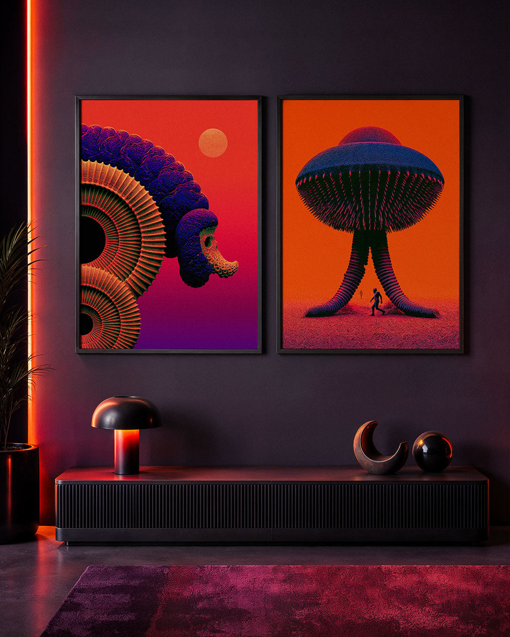 Two framed Seed Probes posters displayed side by side in a dark modern interior with red neon lighting.