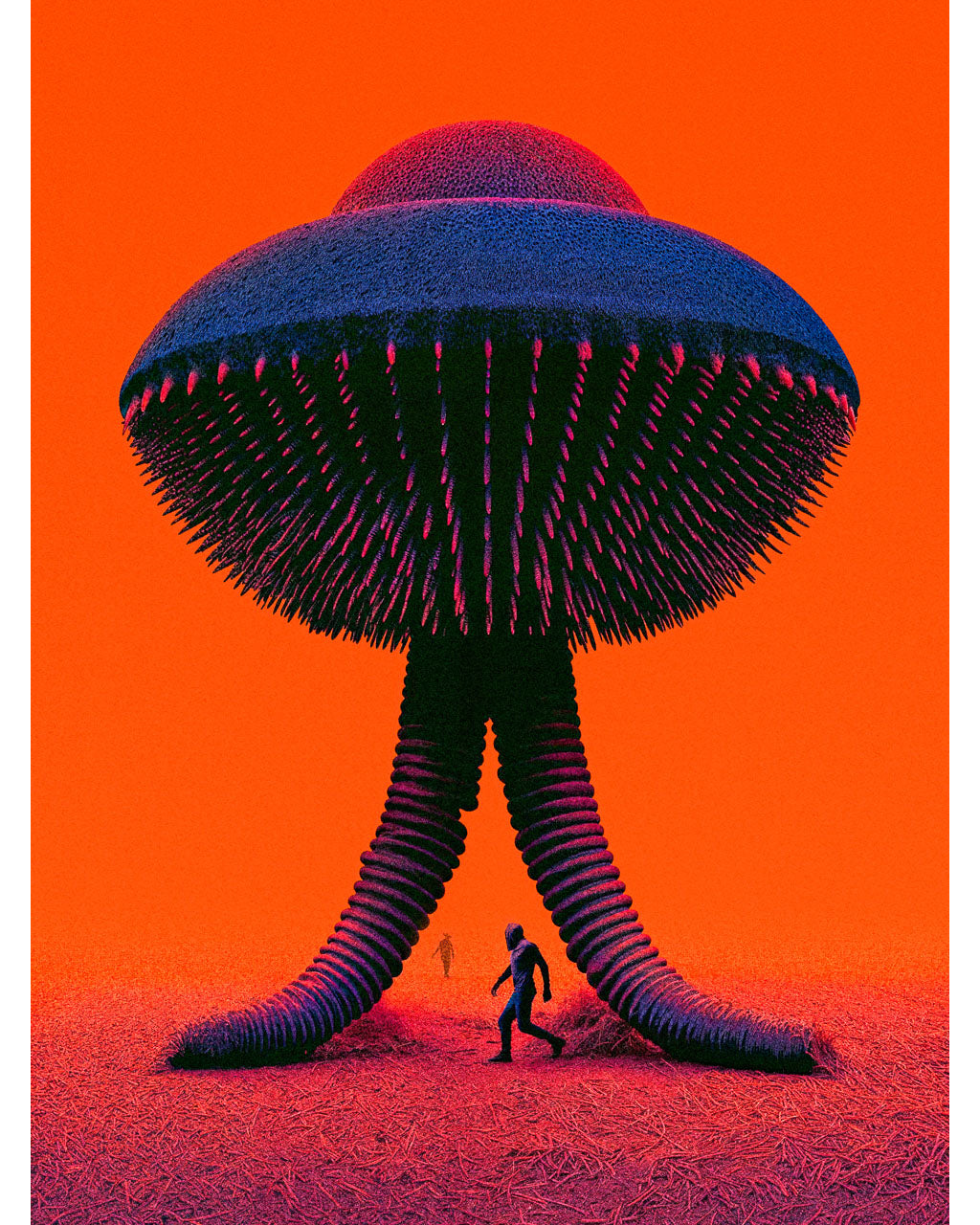 Surreal sci-fi art poster of a giant alien seed probe standing in a red-orange wasteland with small human figures below.
