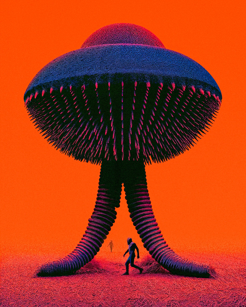 Surreal sci-fi art poster of a giant alien seed probe standing in a red-orange wasteland with small human figures below.