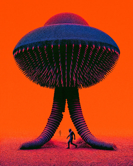 Surreal sci-fi art poster of a giant alien seed probe standing in a red-orange wasteland with small human figures below.