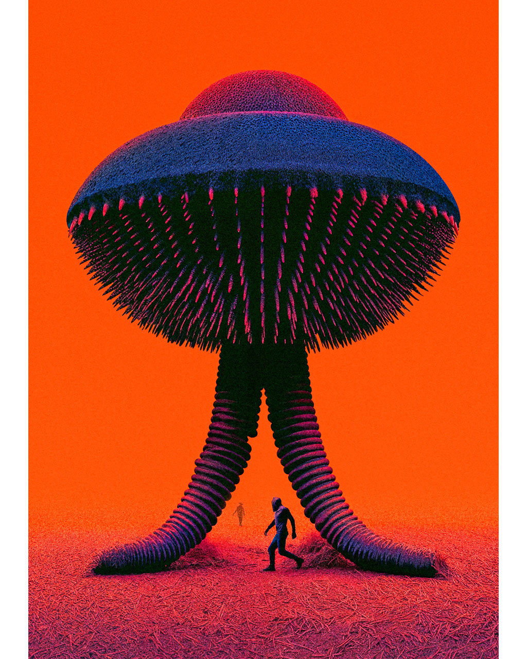 Surreal sci-fi art poster of a giant alien seed probe standing in a red-orange wasteland with small human figures below.