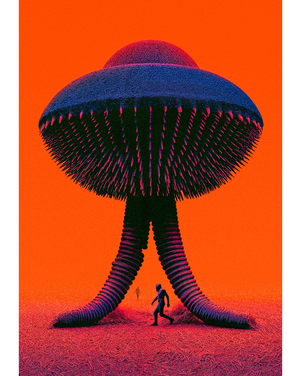 Surreal sci-fi art poster of a giant alien seed probe standing in a red-orange wasteland with small human figures below.