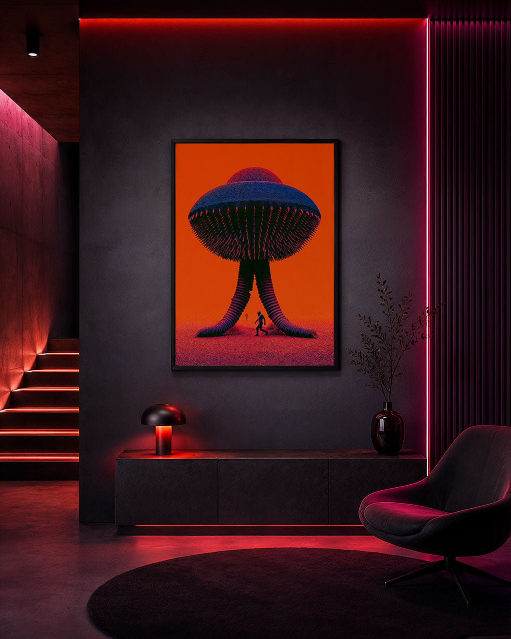Framed Seed Probe 002 poster displayed in a dark futuristic room with red neon lighting.