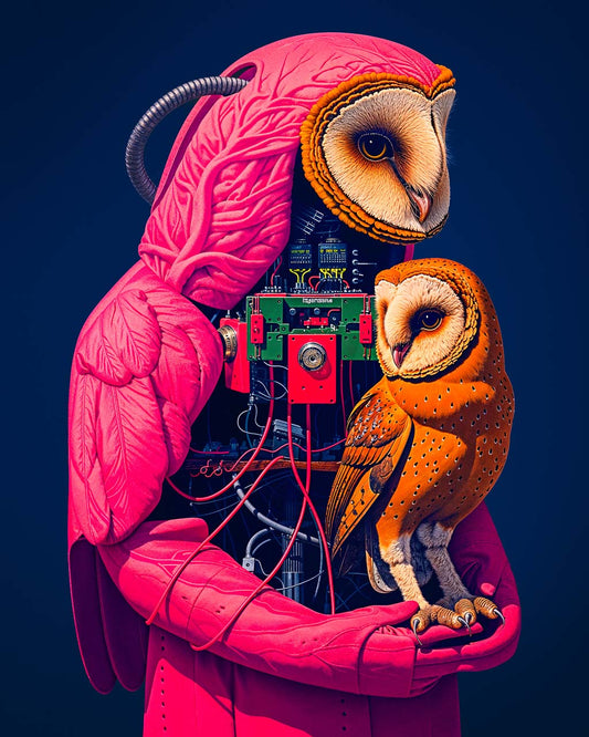 Surreal art poster featuring a mechanical owl protecting a smaller owl, in intricate details and vibrant colors.