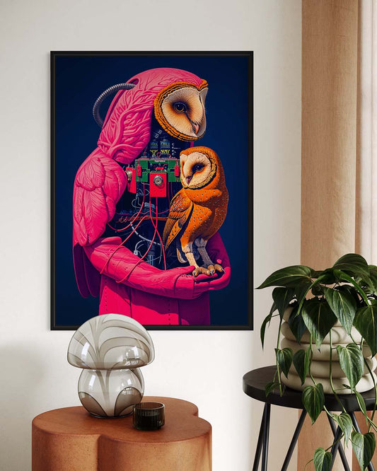 Art poster on the wall featuring two owls, one larger and one smaller, embraced in a surreal mechanical design with bright pink tones.
