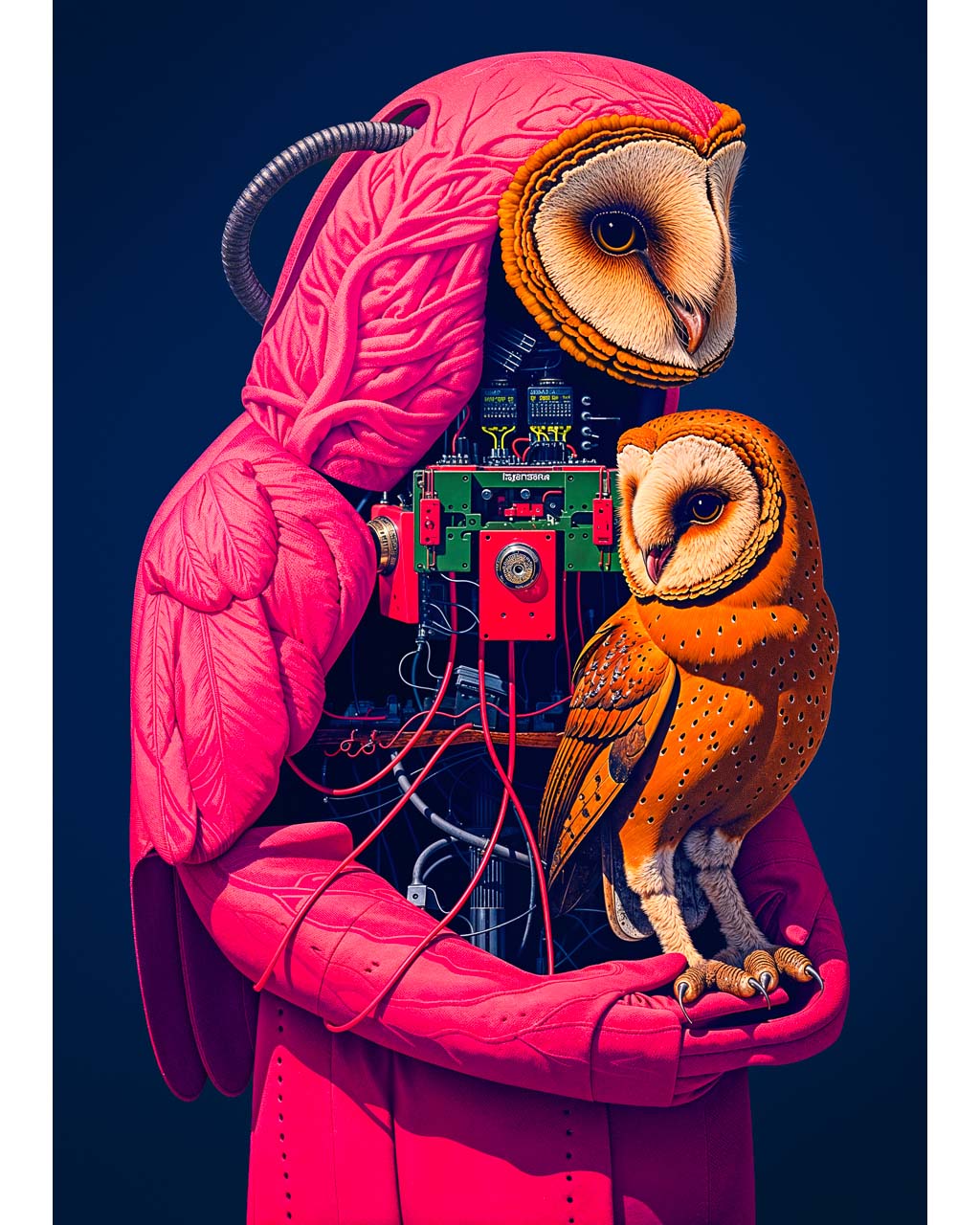 Surreal art poster featuring a mechanical owl protecting a smaller owl, surrounded by intricate details and vibrant colors.
