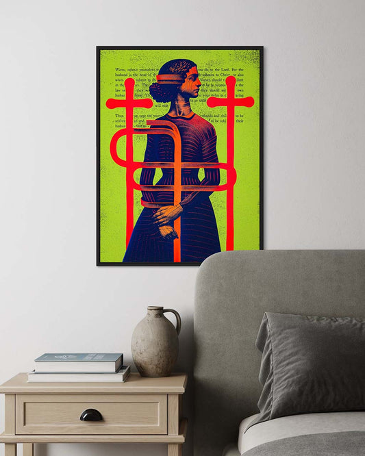 Art poster on wall in a modern bedroom. Poster depicts a woman bound within a cage of red crosses, overlaid with Bible verses.