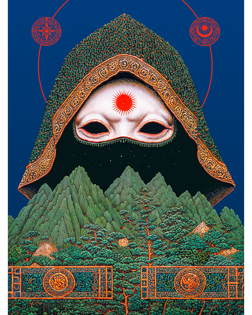 A surreal artwork depicting a masked figure with cosmic symbols and a halo-like ring.