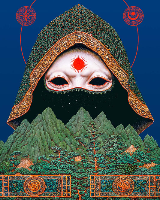 A surreal artwork depicting a masked figure with cosmic symbols and a halo-like ring.