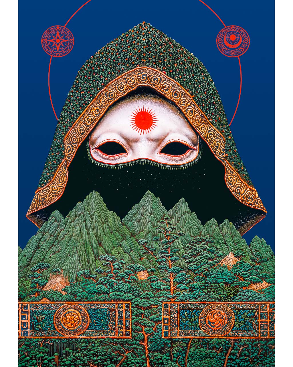 A surreal artwork depicting a masked figure with cosmic symbols and a halo-like ring.