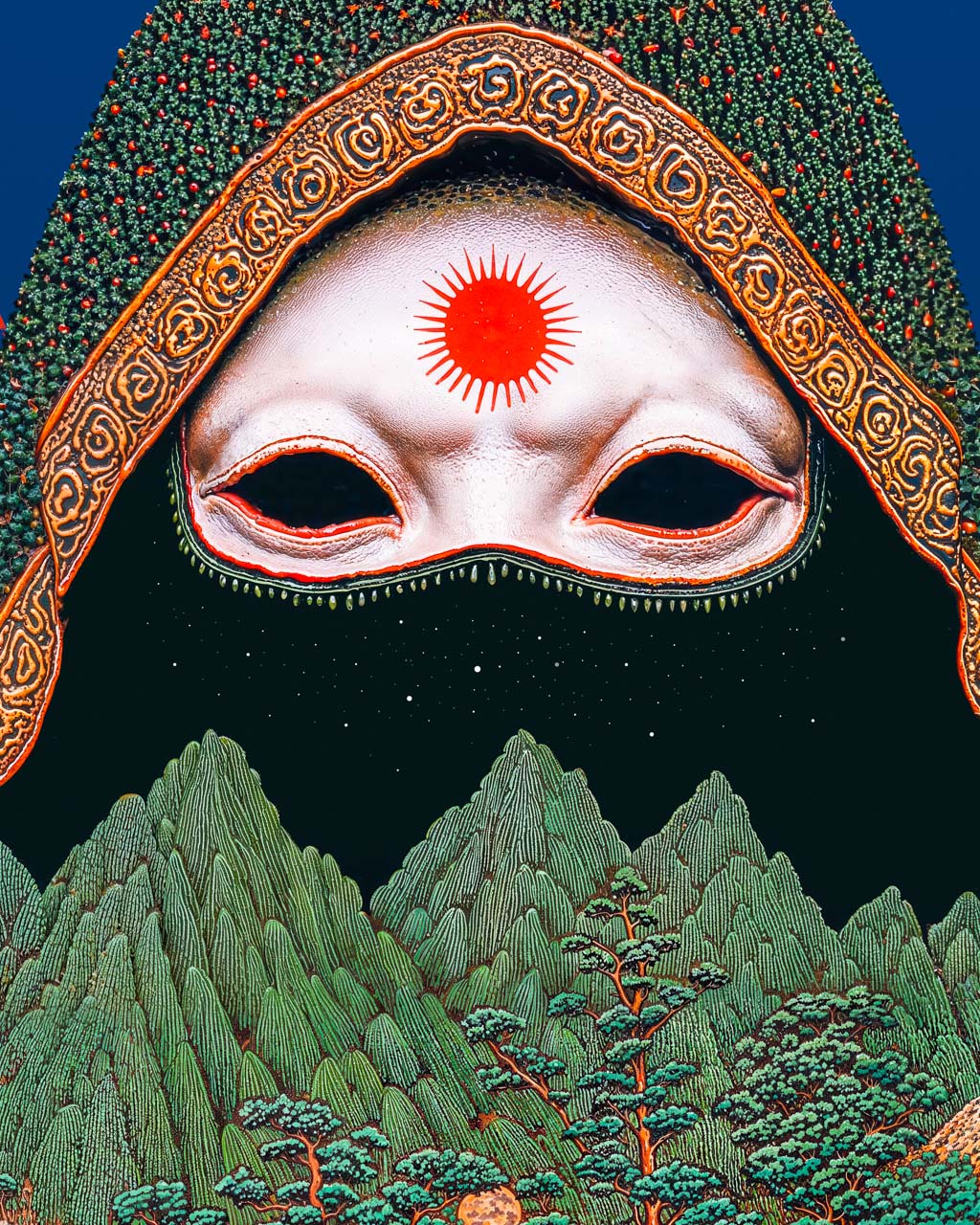Close-up of a masked figure with a red sun symbol above a green mountain landscape and starry void.