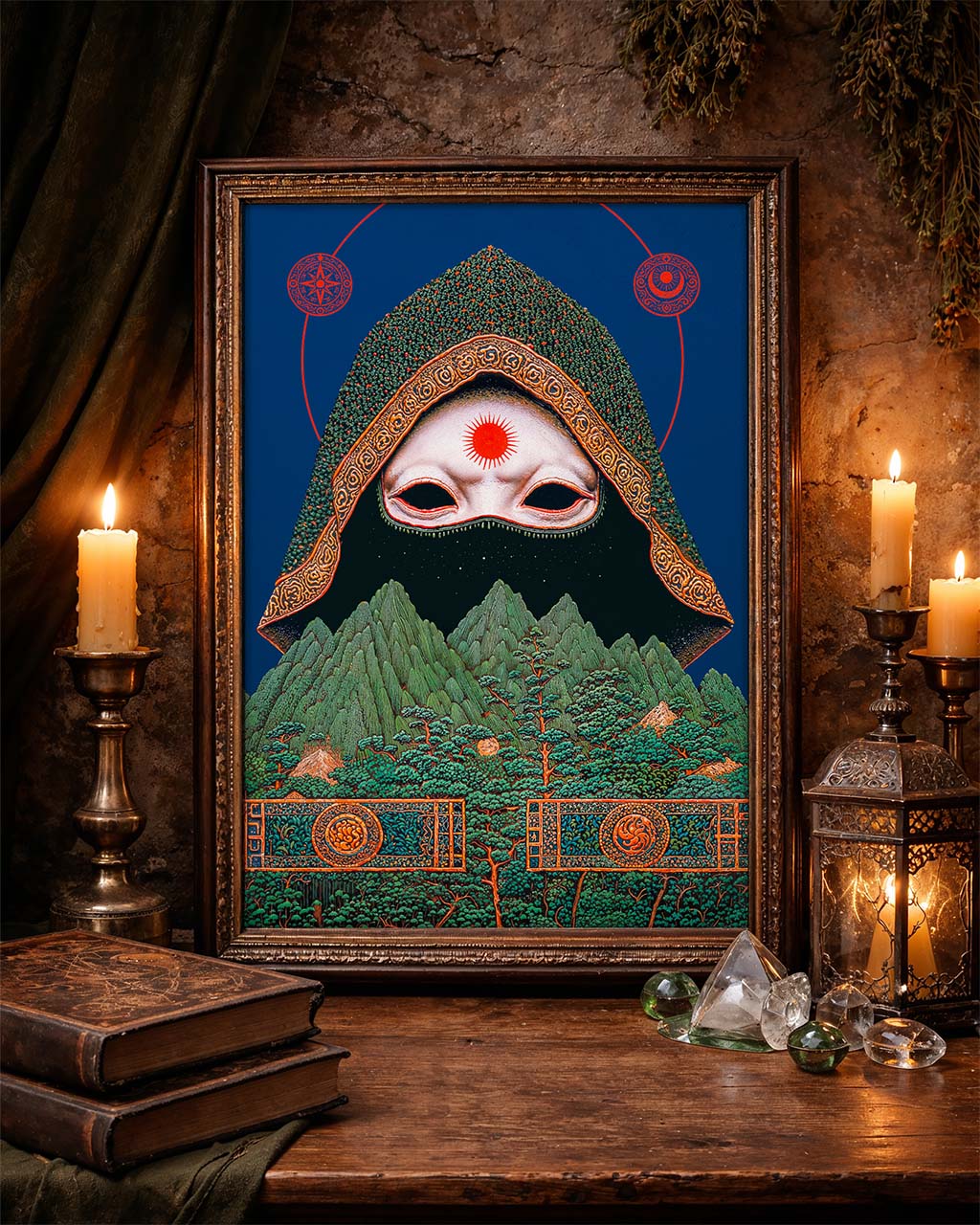Framed artwork with a mystical design on a wooden table with candles and books.