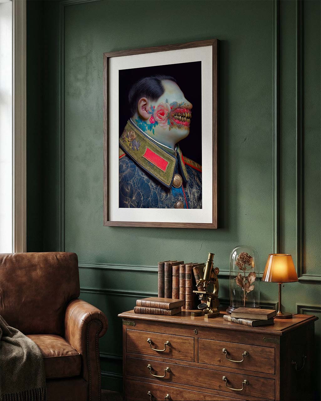 Framed surreal poster depicting an authoritarian figure with golden teeth, displayed in an interior setting, with intricate details