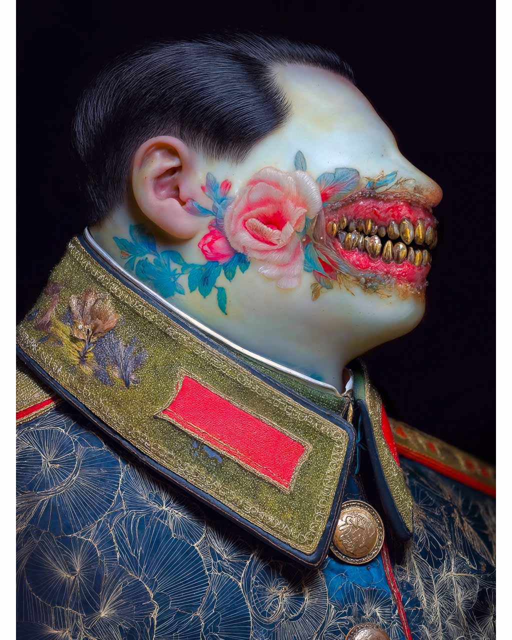 Surreal portrait of an authoritarian figure with golden teeth and floral elements, with intricate details.