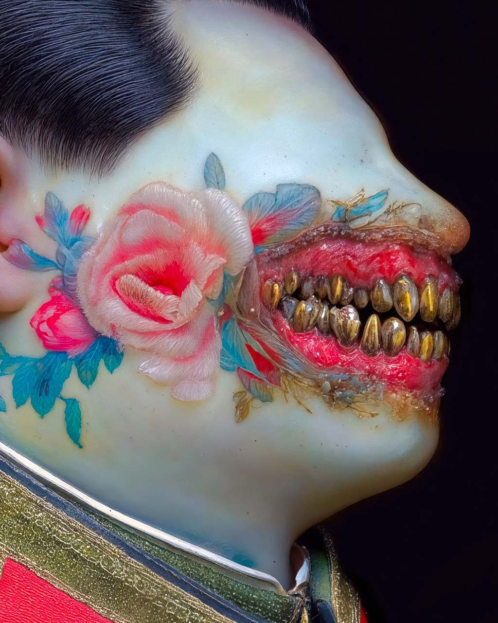 Close-up image of an authoritarian figure with golden teeth and floral elements, with intricate details.