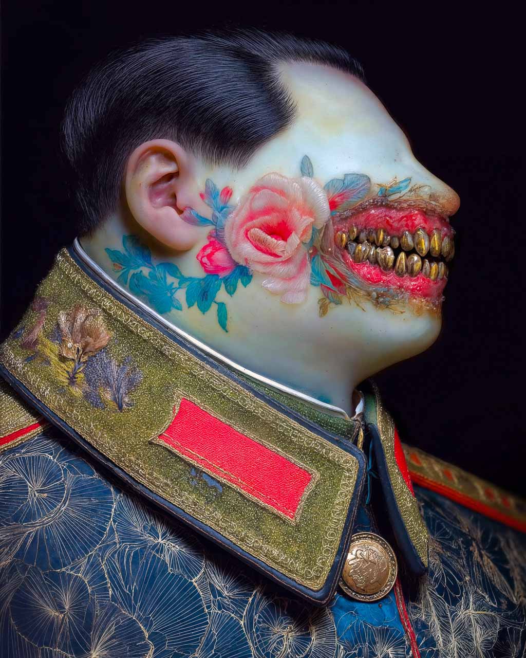 Surreal portrait of an authoritarian figure with golden teeth and floral elements, with intricate details.