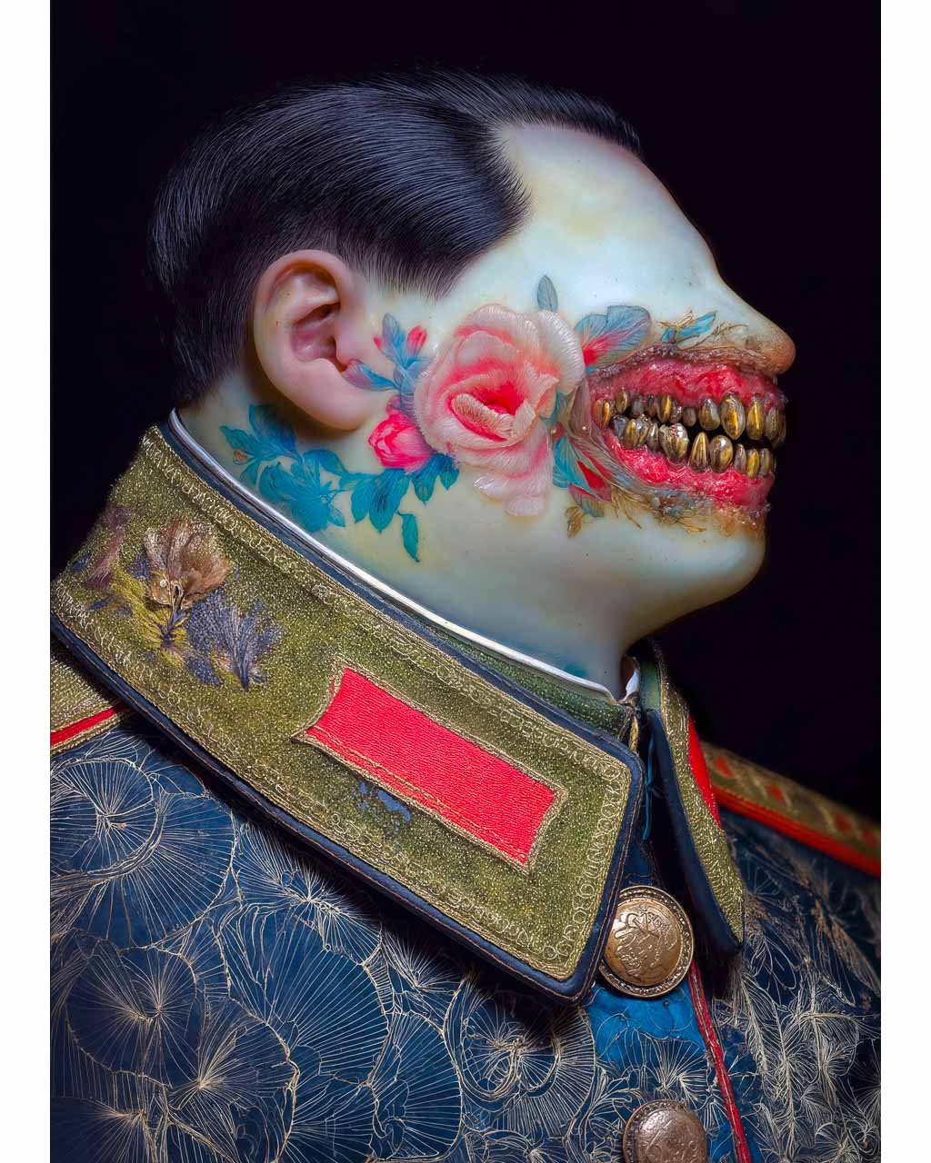 Surreal portrait of an authoritarian figure with golden teeth and floral elements, with intricate details.