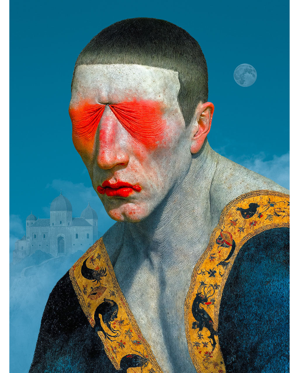 Surreal art poster titled The Witness showing a figure with sealed red eyes and ornate clothing.