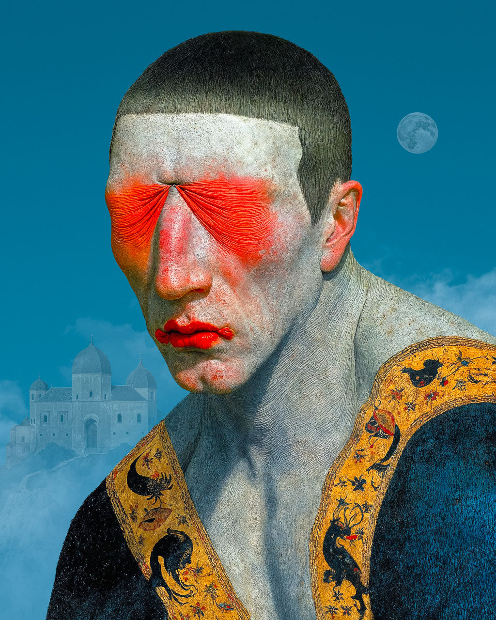 Surreal art poster titled The Witness showing a figure with sealed red eyes and ornate clothing.