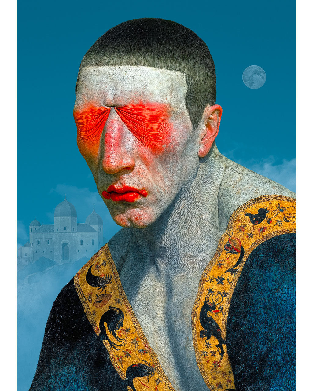 Surreal art poster titled The Witness showing a figure with sealed red eyes and ornate clothing.