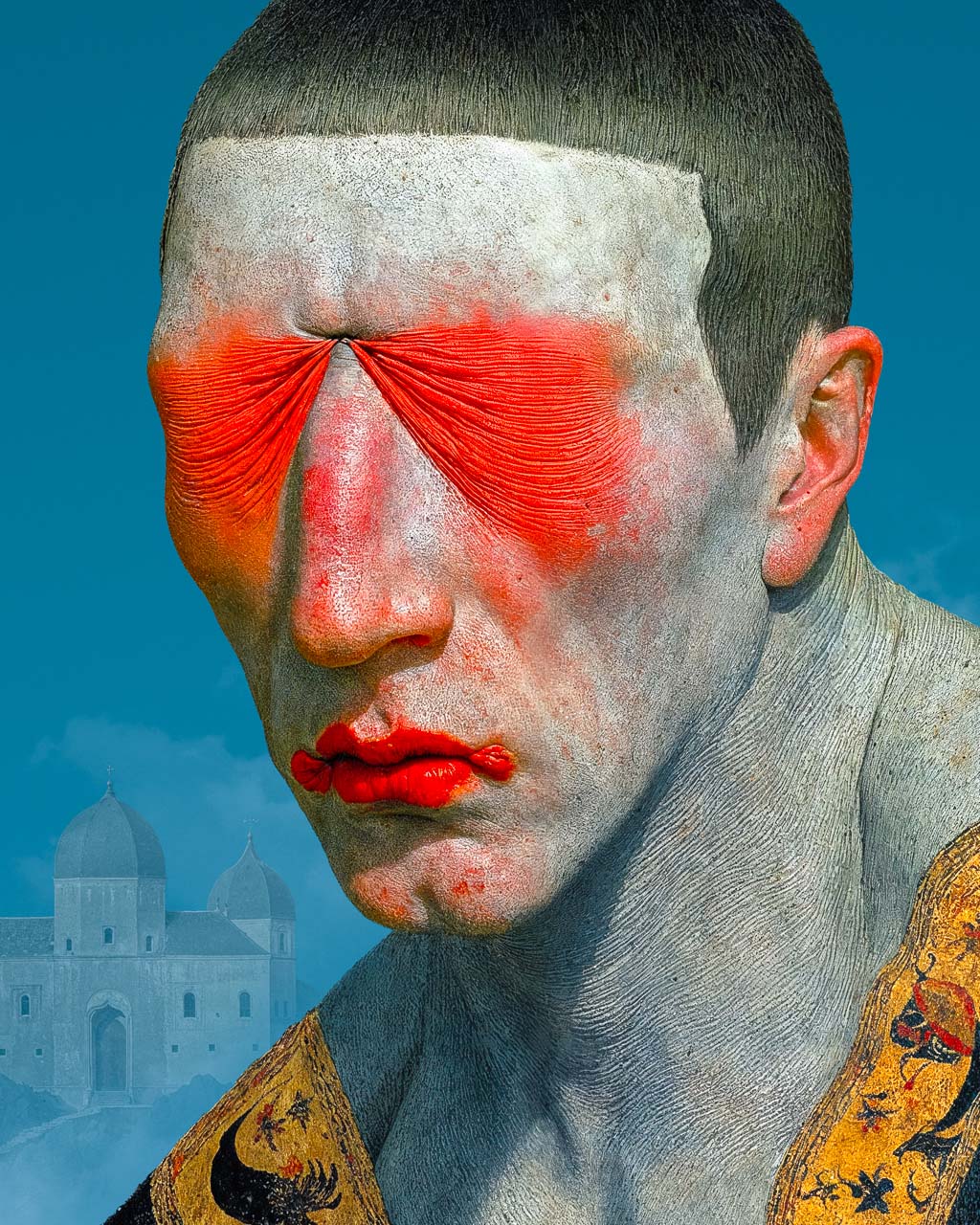 Closeup of a surreal art poster titled The Witness.