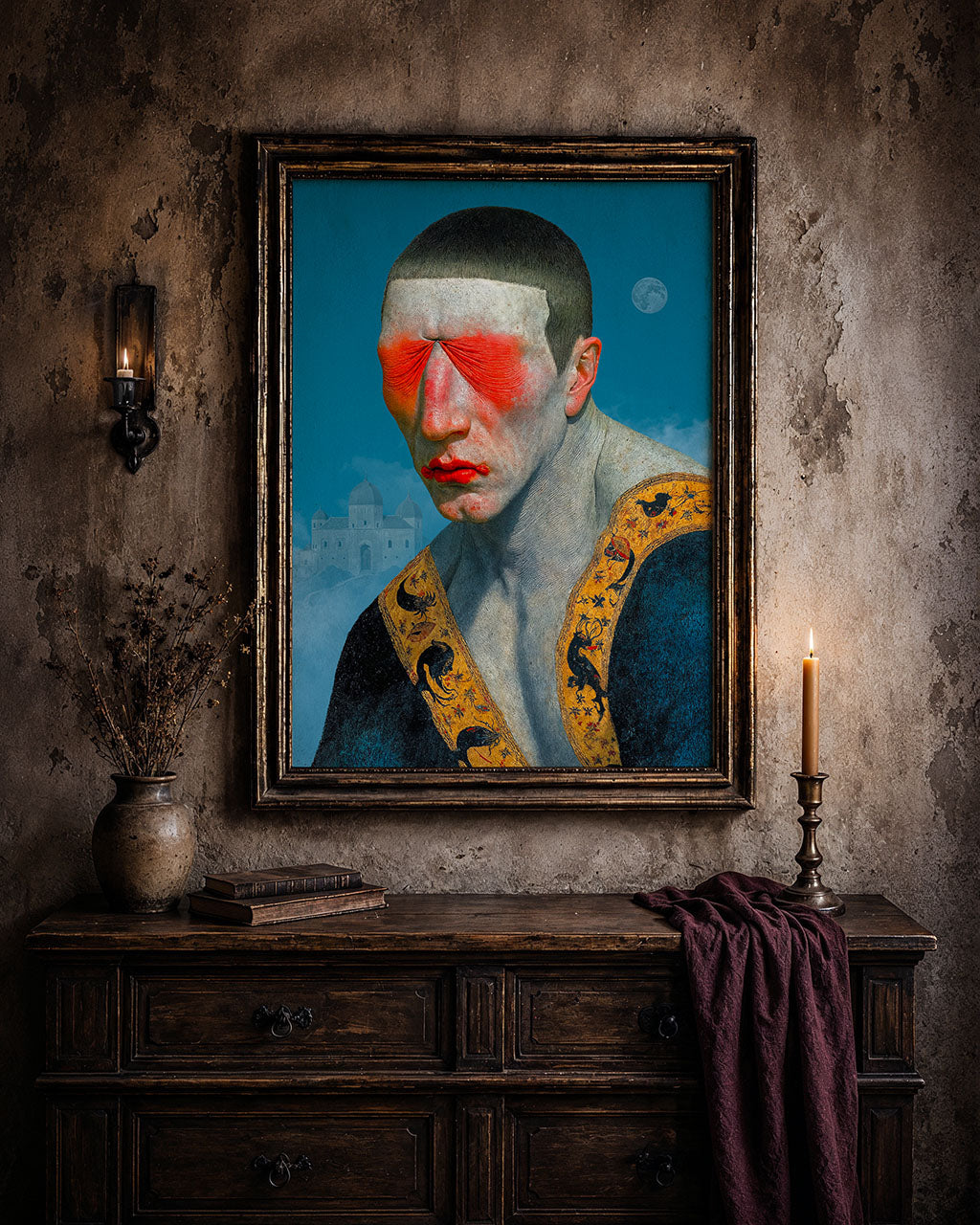 Surreal art poster in an antique frame above a dark wooden cabinet with candlelight, dried branches and textured walls.