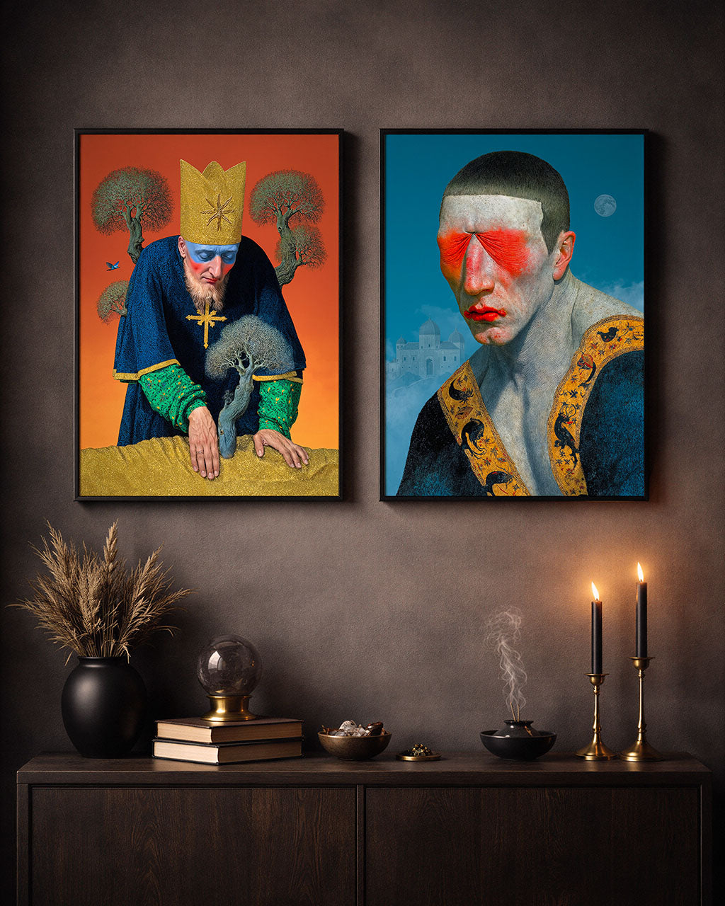 Two frames surreal art posters on the wall in a moody, candlelit interior.