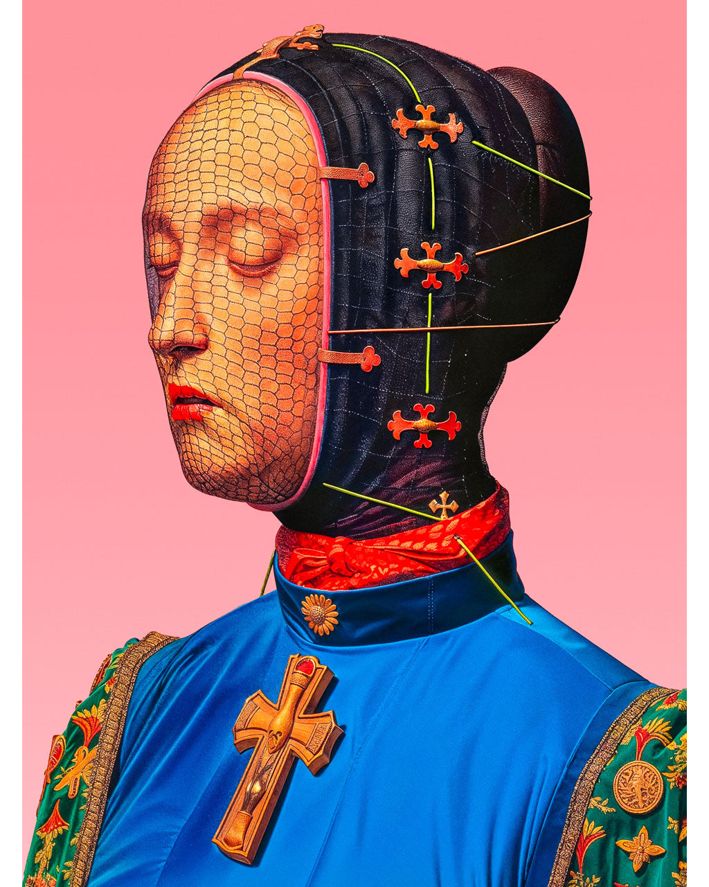 Surreal portrait of a figure in a blue garment and black head covering, with a mesh-covered face, cross-shaped fasteners and pins against a pink background.