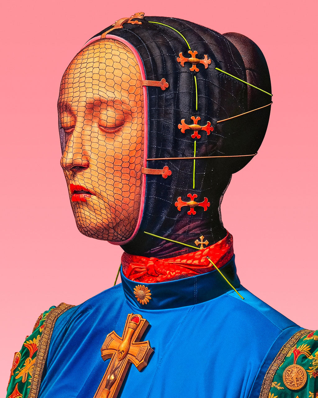 Surreal portrait of a figure in a blue garment and black head covering, with a mesh-covered face, cross-shaped fasteners and pins against a pink background.