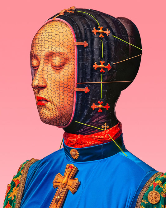 Surreal portrait of a figure in a blue garment and black head covering, with a mesh-covered face, cross-shaped fasteners and pins against a pink background.