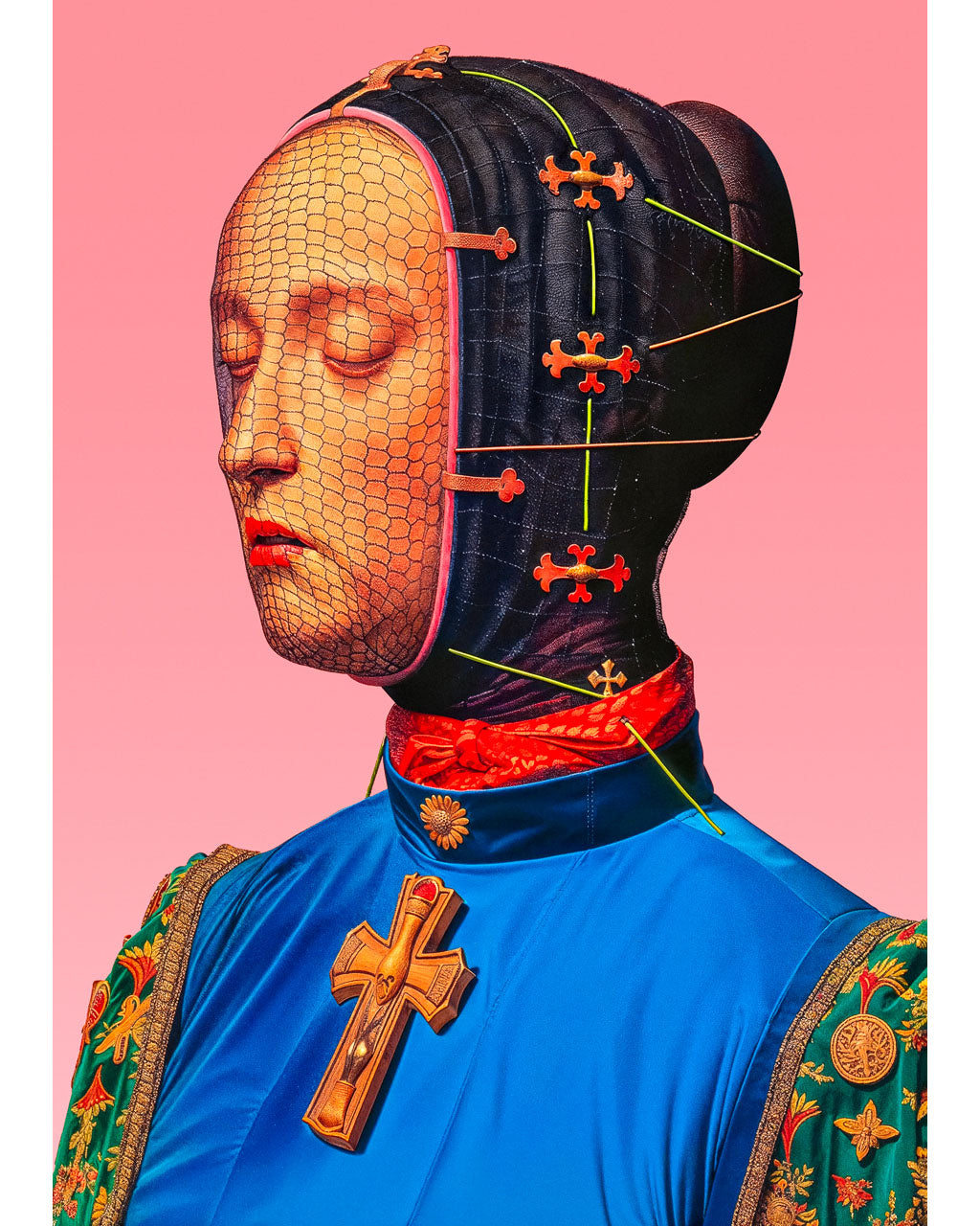 Surreal portrait of a figure in a blue garment and black head covering, with a mesh-covered face, cross-shaped fasteners and pins against a pink background.