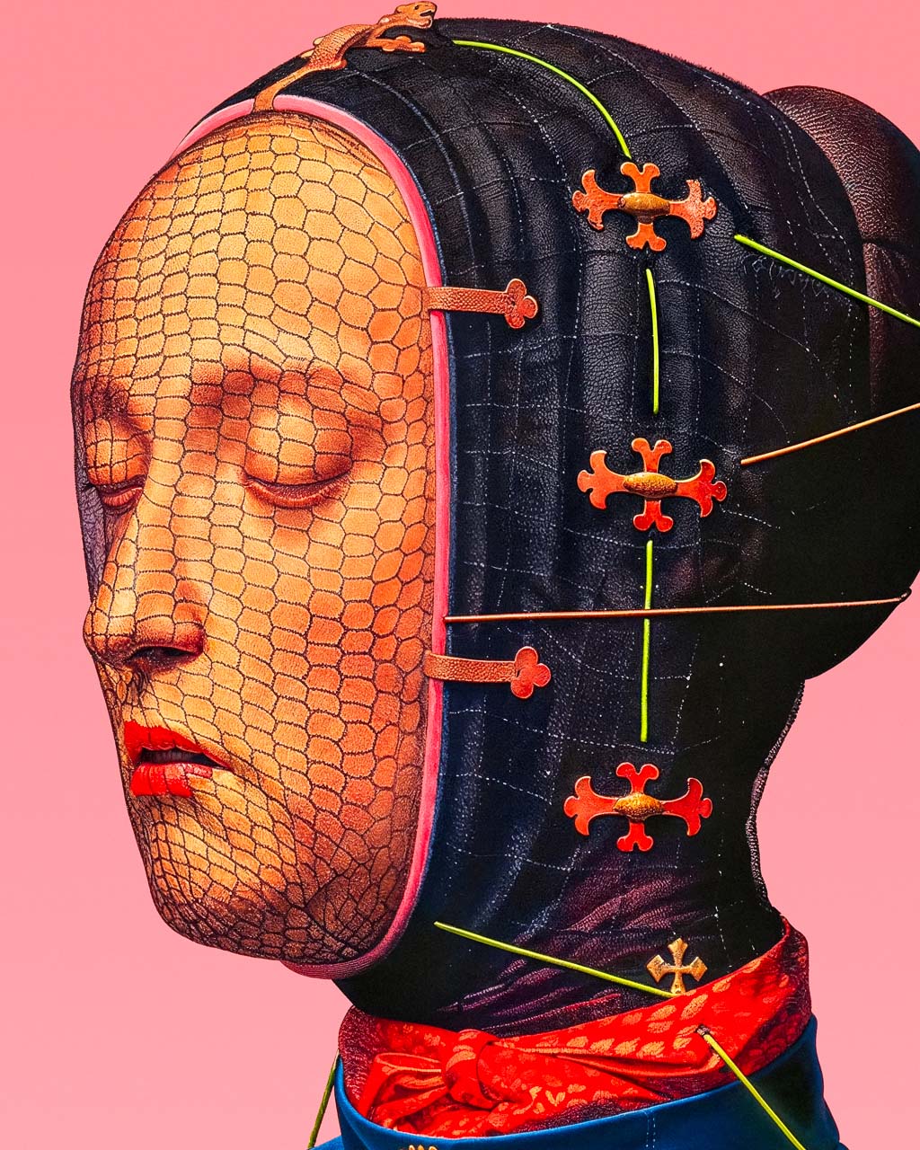 Close crop of the figure’s face and head covering, showing the mesh veil, cross-shaped fasteners and pins against a pink background.