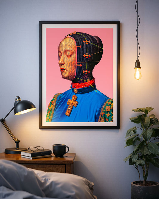 Framed poster of a surreal figure with a mesh-covered face hanging on a wall above a wooden bedside table with lamps, books and a plant.