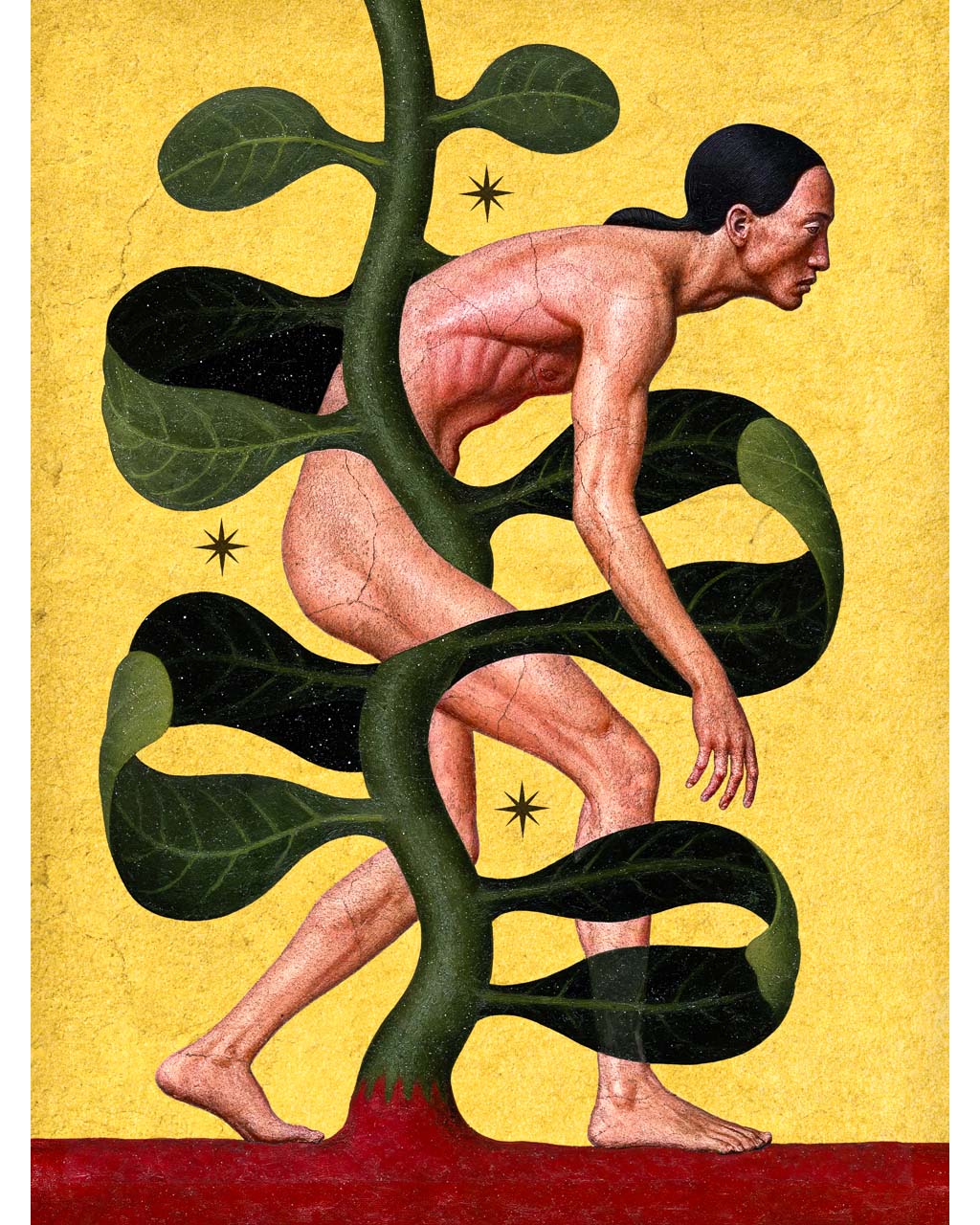 Surreal art print featuring a medieval-style naked human figure wrapped around a plant-like form with large green leaves, set against a gold background with a red ground.