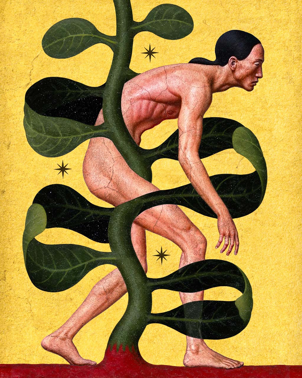 Surreal art print featuring a medieval-style naked human figure wrapped around a plant-like form with large green leaves, set against a gold background with a red ground.