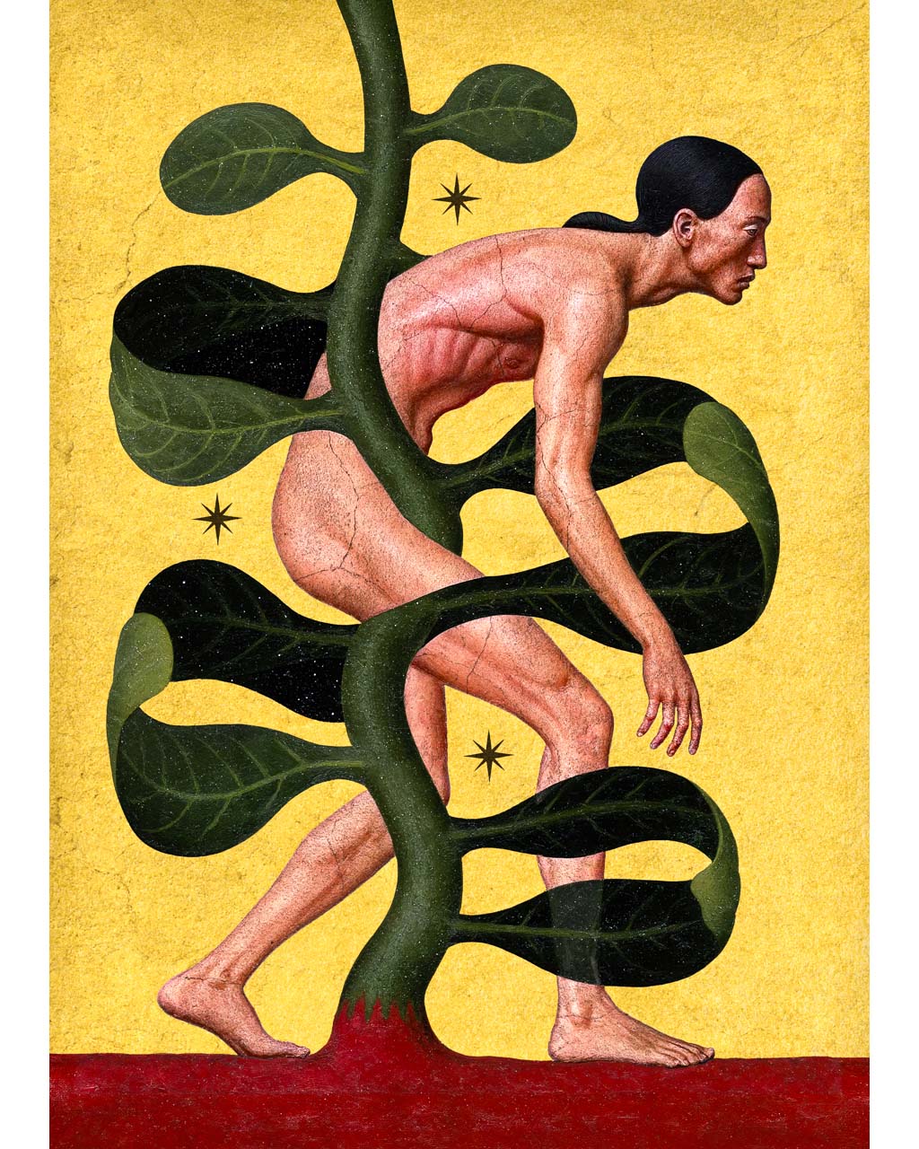 Surreal art print featuring a medieval-style naked human figure wrapped around a plant-like form with large green leaves, set against a gold background with a red ground.