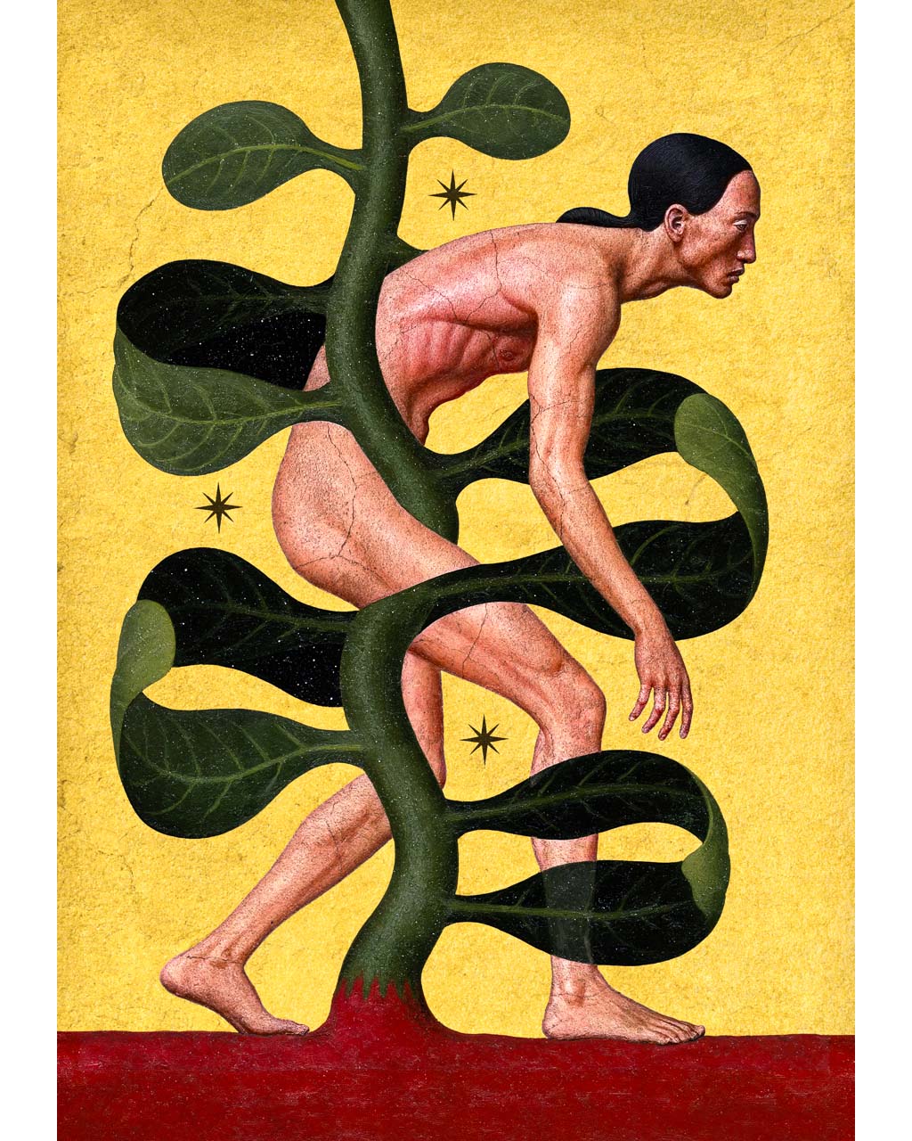 Surreal art print featuring a medieval-style naked human figure wrapped around a plant-like form with large green leaves, set against a gold background with a red ground.