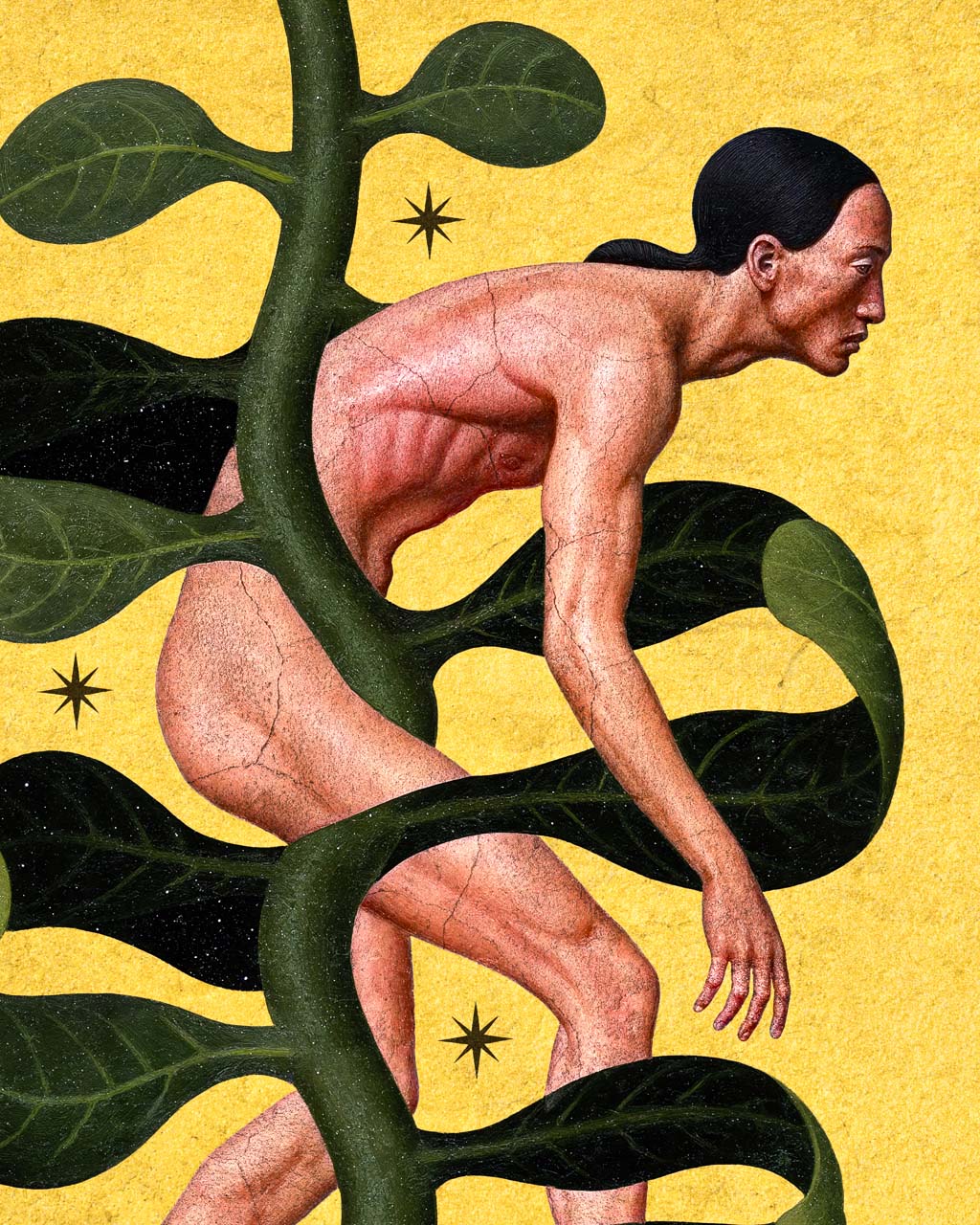A closeup of a surreal art print featuring a naked man among the leaves.