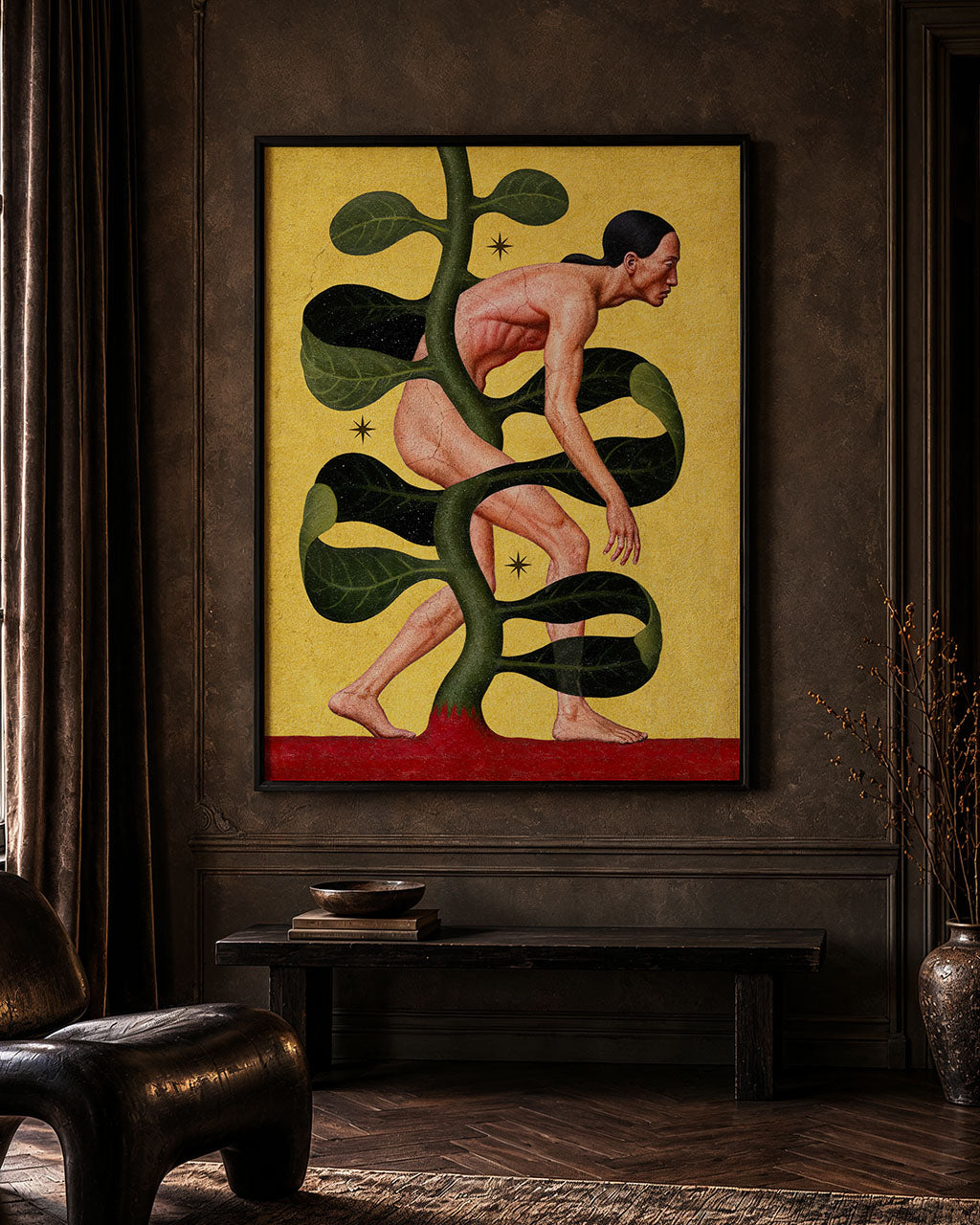 Surreal art print on the wall in a moody interior.