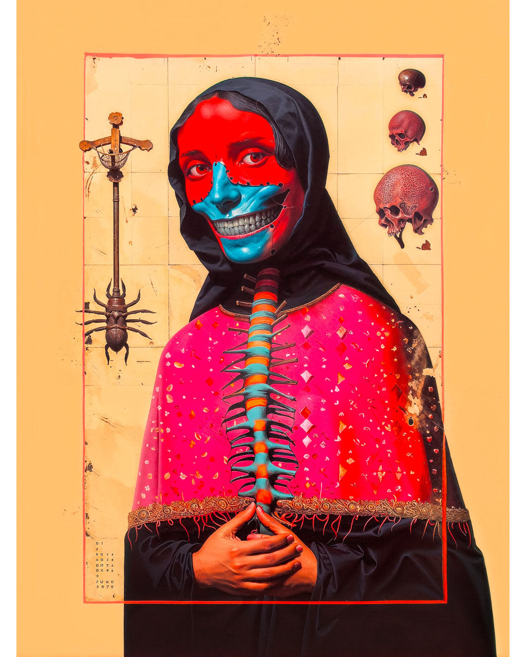 Surreal art poster featuring a masked figure with skull details and vivid colours.